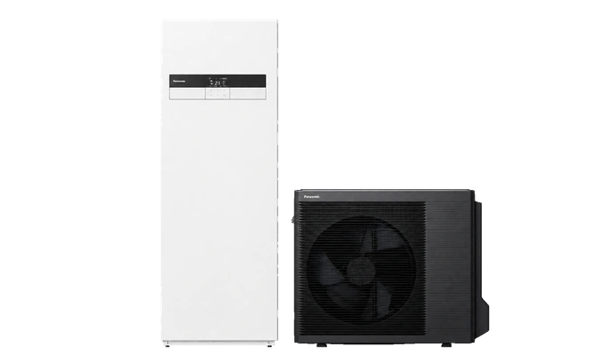 Pompa ciepła Panasonic Aquarea K All in One Compact — jednostka wewnętrzna z zasobnikiem i jednostka zewnętrzna