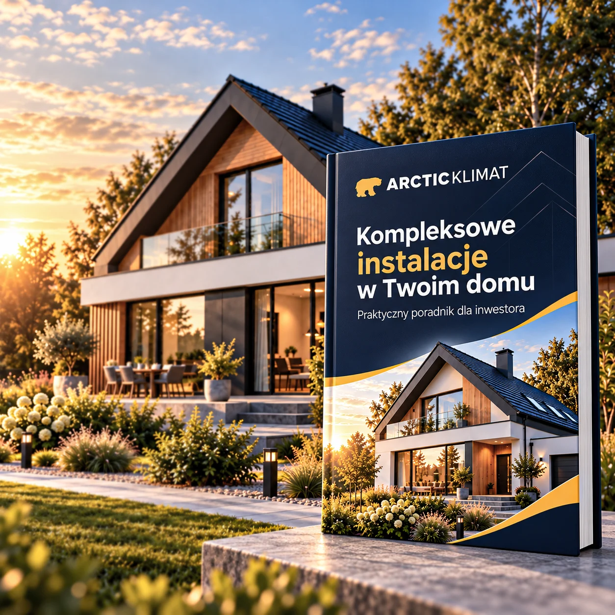 Dom jednorodzinny o zachodzie słońca i poradnik Arctic Klimat „Kompleksowe instalacje w Twoim domu”